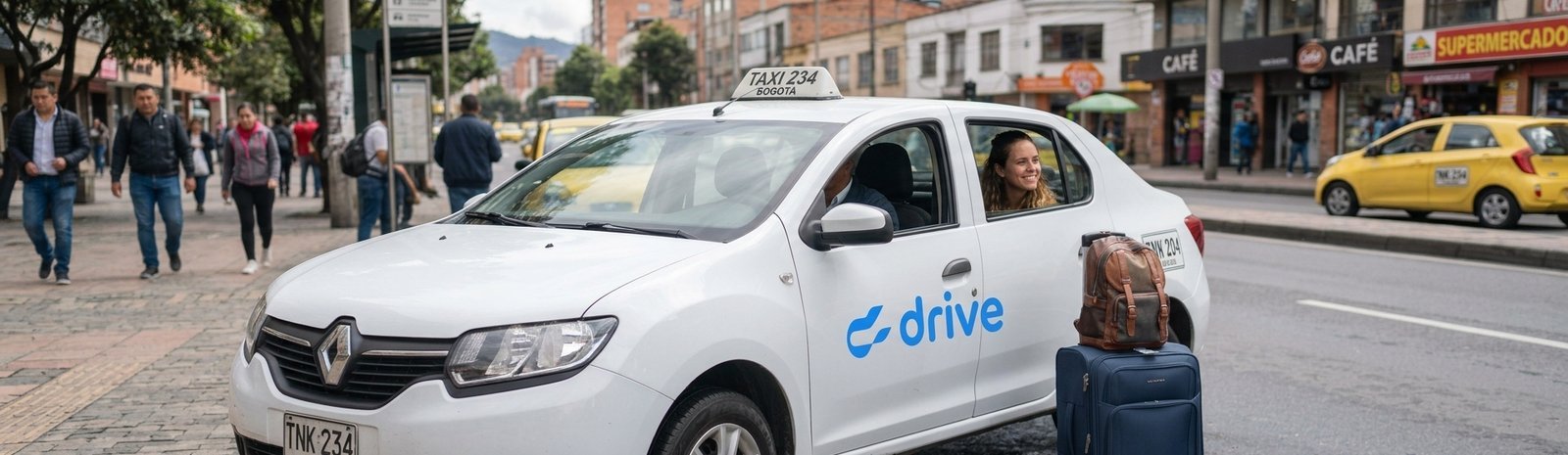 Viajera sonriente a bordo de un vehículo DRIVE, con su equipaje listo